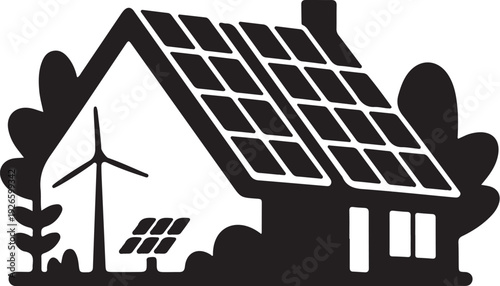 Black and white of house with solar panels and wind turbine