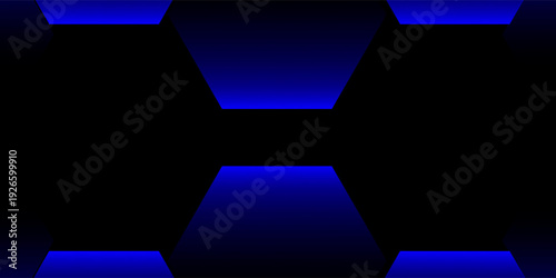 Abstract Futuristic Blue Light Tunnel with Geometric Glowing Shapes on Black Background