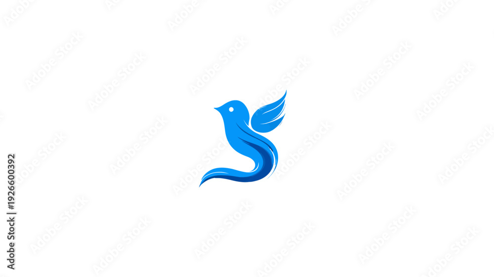 Fototapeta premium A stylized blue bird in flight, with a curved body, single wing, and a clean white background