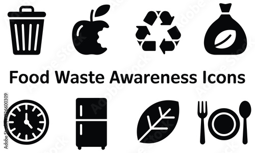 Collection of vector icons for food waste awareness campaign illustrating sustainable practices and reducing waste effectively every day