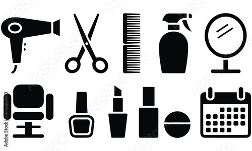 Collection of black and white vector icons representing salon services and beauty tools for graphic design and illustration purposes in the beauty industry.