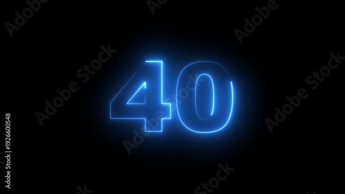 Abstract glowing neon text 40 number countdown icon. Glowing sign on black background Neon 