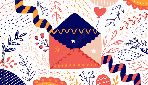 Very beautiful doodle style valentine envelope hand drawn with charming romantic details and playful decorative accents.
