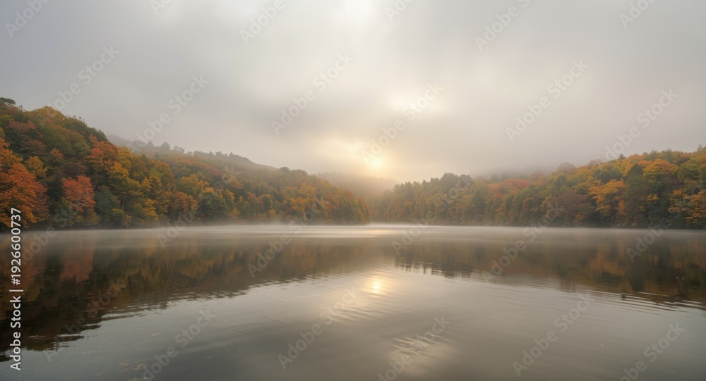 Obraz premium Gentle autumn fog enveloping a quiet lake and dense forest landscape art