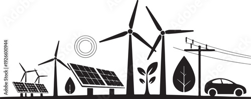 Black and white of renewable energy sources and eco friendly transportation