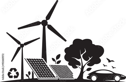 Black and white of renewable energy sources and eco friendly transportation
