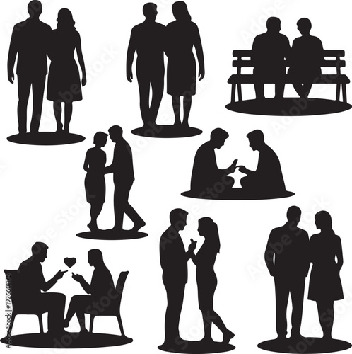 black silhouettes of couples and people in various romantic and social interactions