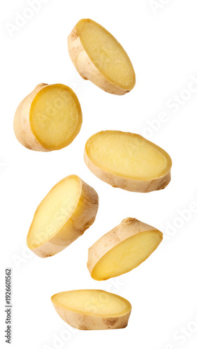 Falling fresh ginger slices isolated on transparent background