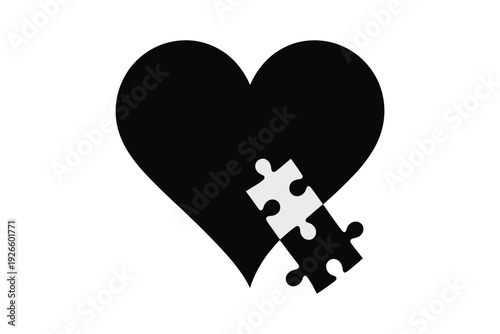 A stylized black heart shape is depicted with a single white puzzle piece partially detached symbolizing connection and incompleteness high-quality.