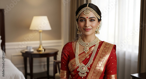 Indian woman in traditional red sari and gold jewelry