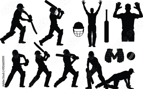 Cricket silhouettes collection, batsman, bowler and wicketkeeper action poses with equipment vector set isolated on light background for sports design
