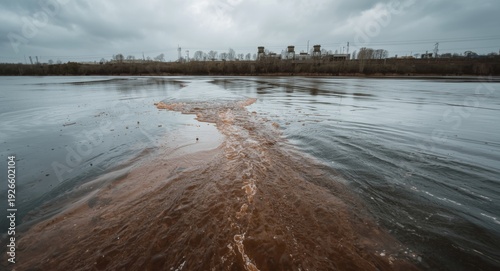 Flow of factory wastewater entering river water environment