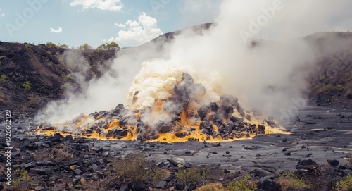 Volcanic smoke clouds hovering around molten sulfur and stone formations in daylight