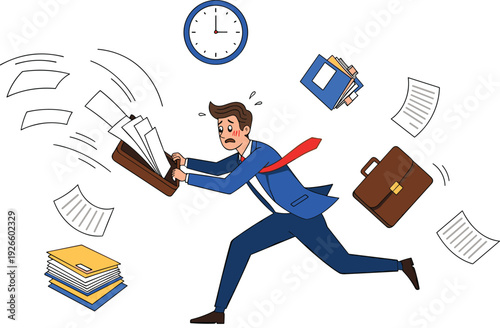 Stressed Businessman Running Late with Flying Papers and Briefcase Time Management Concept Vector
