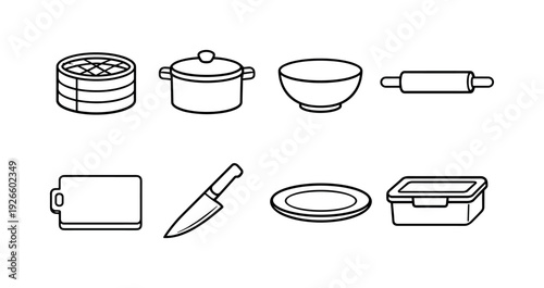 Home dumpling steaming items: bamboo steamer, cooking pot, mixing bowl, rolling pin, cutting board, kitchen knife, serving plate, storage container