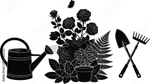 Gardening tools and flowers silhouette