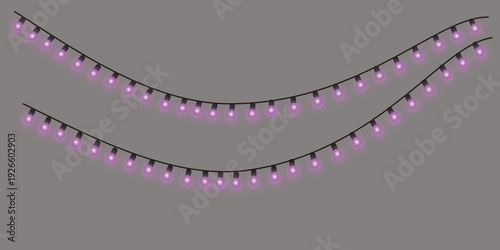 A festive scene featuring two strings of purple and white lights arranged in a curved pattern.