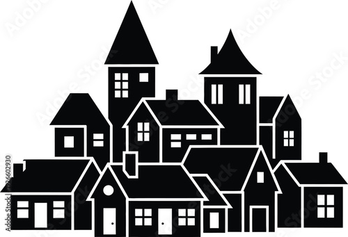 Black and white illustration of a medieval town with towers and houses