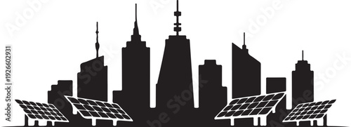 Black city skyline with solar panels white
