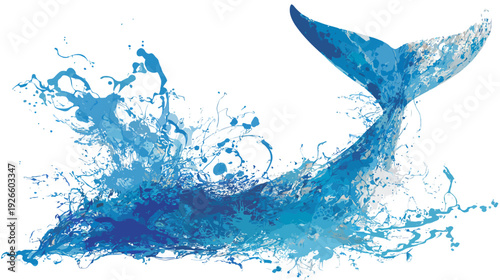 A vibrant splash of water emerges as a whale's tail arches, creating a dynamic visual