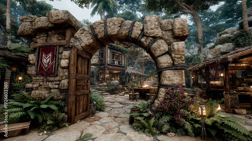 Rustic Stone Archway Leading to Fantasy Village