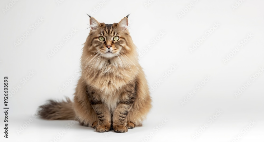 Obraz premium Serene Norwegian Forest cat positioned sitting facing camera on a white studio background