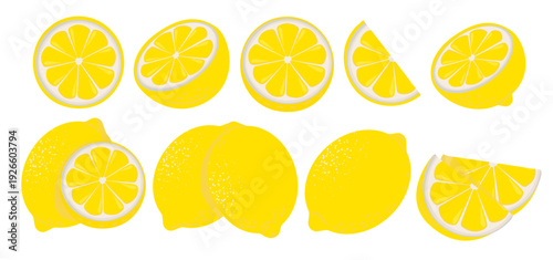 Set of lemons, sliced ​​and whole. Collection of ripe citrus elements in flat vector style. Illustration isolated on white background.