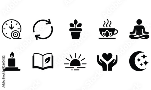 Collection of mindfulness and wellness icons representing relaxation and self-care activities in simple vector graphic design perfect for meditation and yoga applications.