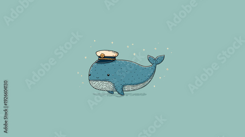 Animated blue whale wearing a captain's hat, surrounded by stars, on a blue-green background