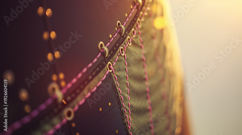 SpaceX rocket payload fairing macro close-up with golden rim light and pastel sky, photorealistic style