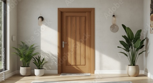 Stylish wooden door in a contemporary home setting enhanced by minimal decor and plants