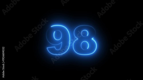 Abstract glowing neon text 98 number countdown icon. Glowing sign on black background