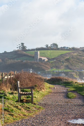 Bench on the South West Coastal Path at Wembury in Devon, uk