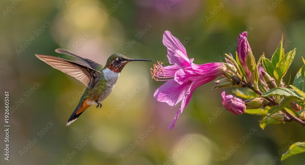 Obraz premium Exotic hummingbird hovering with wings spread near vibrant blossom outdoors