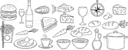 Collection of food and drink line art featuring burgers cheese fish soup bread and kitchen tools for restaurant menu design