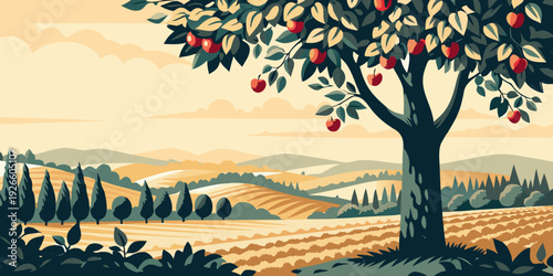 An idyllic landscape featuring an apple tree and rolling hills