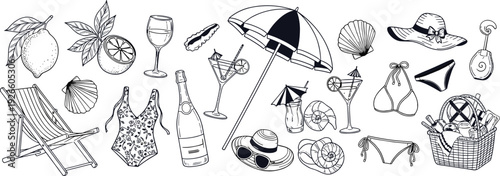 Collection of summer vacation line art featuring beach umbrella lounge chair swimsuits cocktails lemon seashells and picnic basket for holiday design