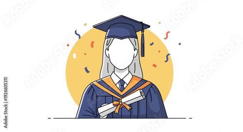 Woman with Cap, Gown, Diploma amidst Confetti, Background