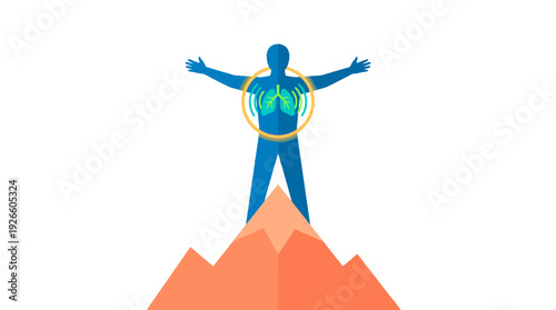 A person stands atop a mountain, his chest illuminated to display the lungs, conveying health and wellness
