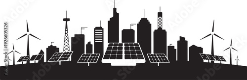 Black silhouette cityscape with wind turbines and solar panels