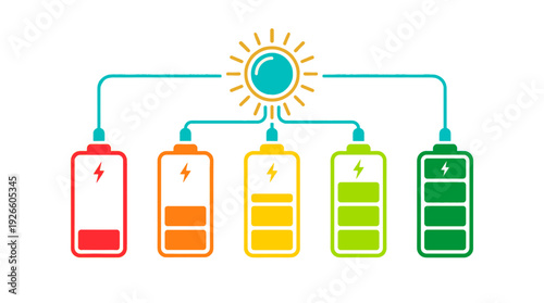 Illustration of batteries charging with solar power