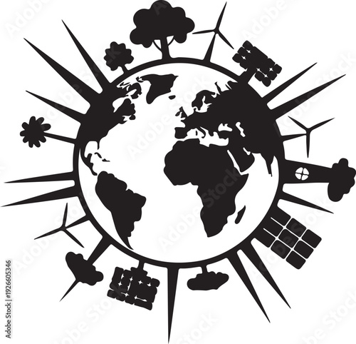 Black silhouette earth with renewable energy sources and nature