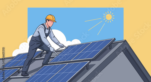 Cartoon person installs solar panels on angled roof, wearing hardhat, illustrated in bright sunny setting