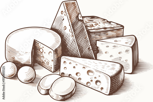 A detailed sketch of various cheeses and small round fruits