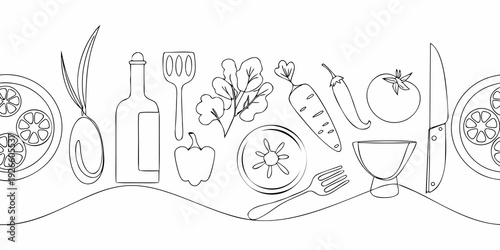 A continuous line drawing of various kitchen items and fresh produce