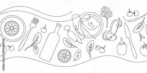 A minimalist line drawing depicting a variety of food and dining elements