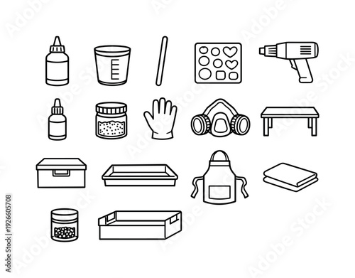 Home resin crafting corner: resin bottle, mixing cup, stir stick, silicone mold, heat gun, pigment bottle, glitter jar, protective glove, respirator