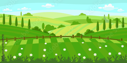 A vibrant cartoon illustration of rolling green hills and farmland