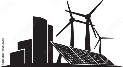 Black silhouette of cityscape with solar panels and wind turbines