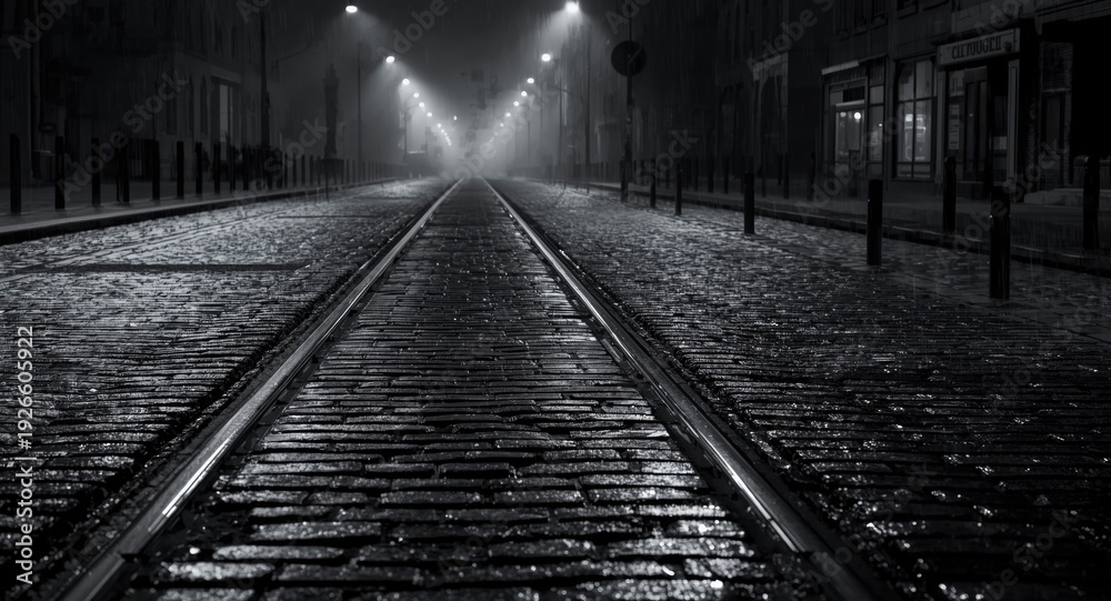 Fototapeta premium Monochrome night image of illuminated wet cobblestone tram rails